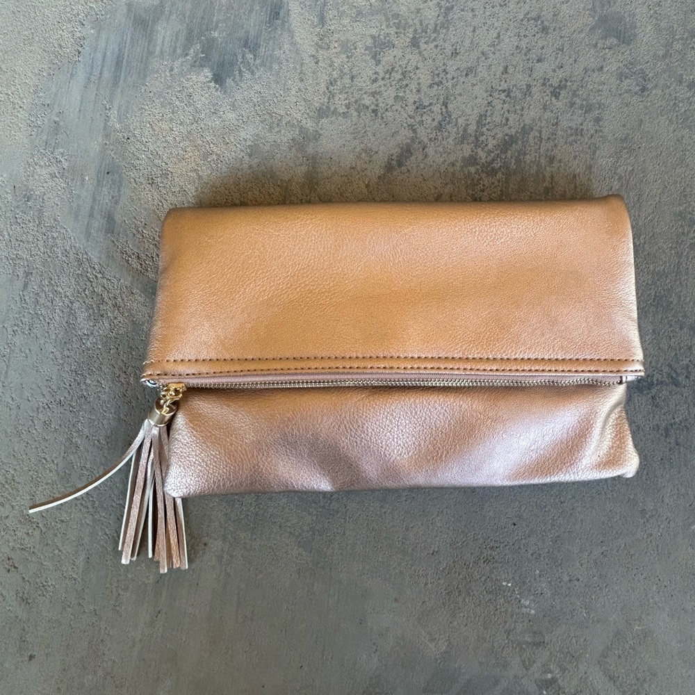 Rose Gold Vegan Leather Metallic Fold over Clutch / Crossbody Bag